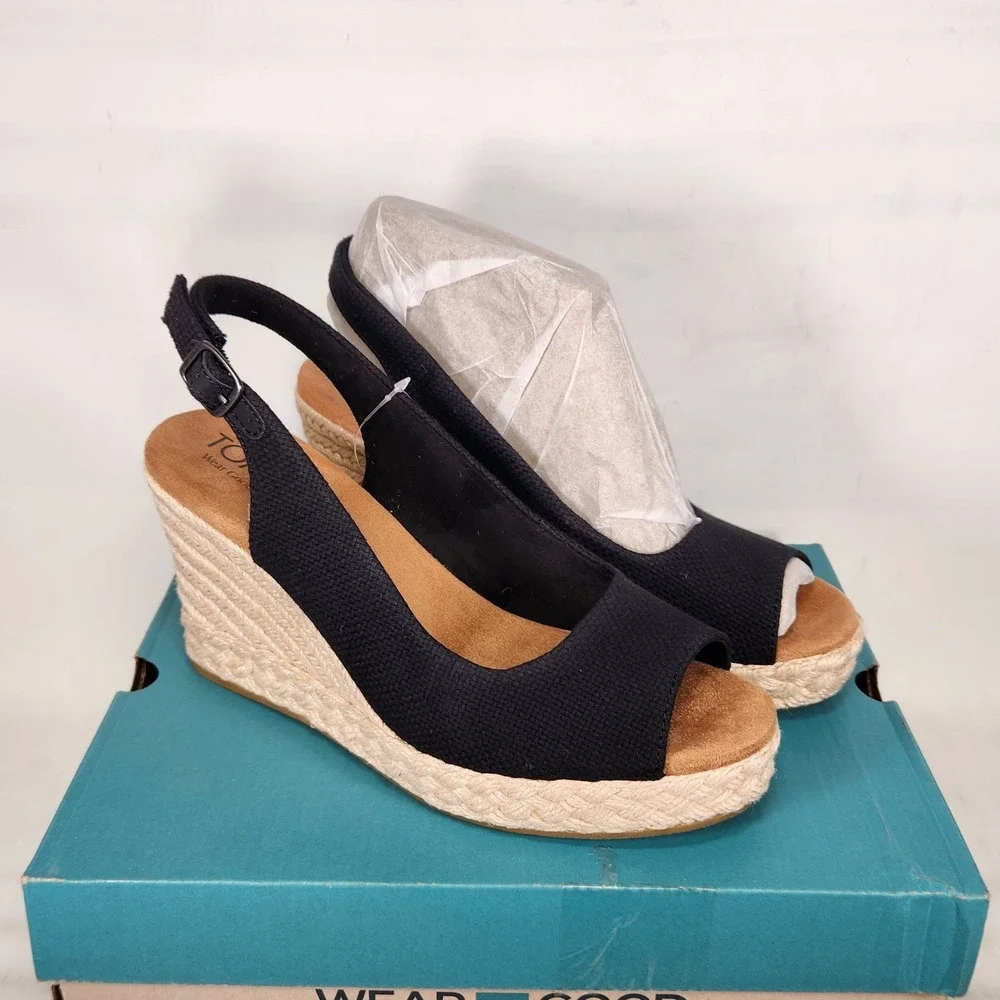 TOMS Camilla Wedge Sandals Women Size 8.5 Black Basketweave Espadrille Peep Toe